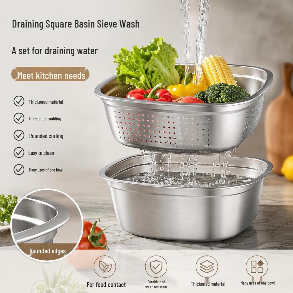 Extra Thick Double-Layer Stainless Steel Square Basin for Vegetable, Fruit, & Rice Washing