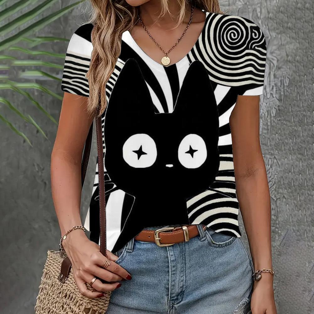 Women's Clothing T-shirt New V-neck Short Sleeve Cat Pattern Fashion Top Summer Loose And Breathable Clothing Women's T-shirt