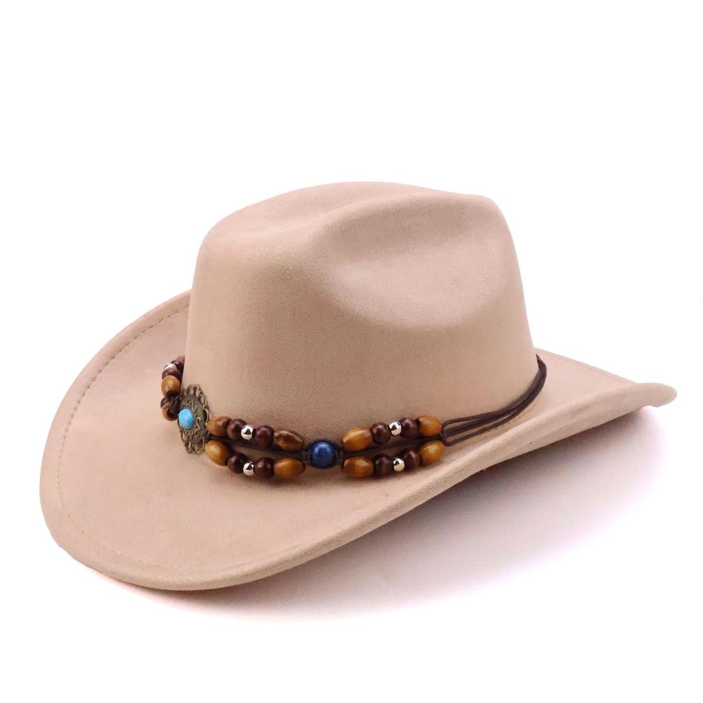 Hot-selling new western cowboy hat Tibetan wood bead accessories hat solid color suede one-word cowboy hat