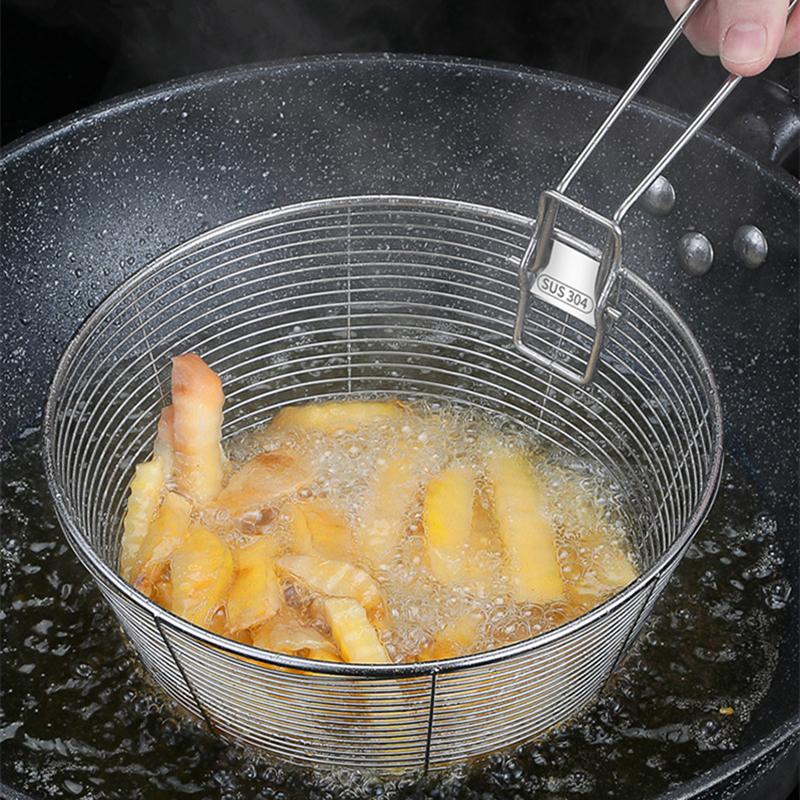 

304 Stainless Steel Frying Filter Basket Multifunctional Strainer Foldable Long Handle Colander for Wash Vegetables Kitchen Tool