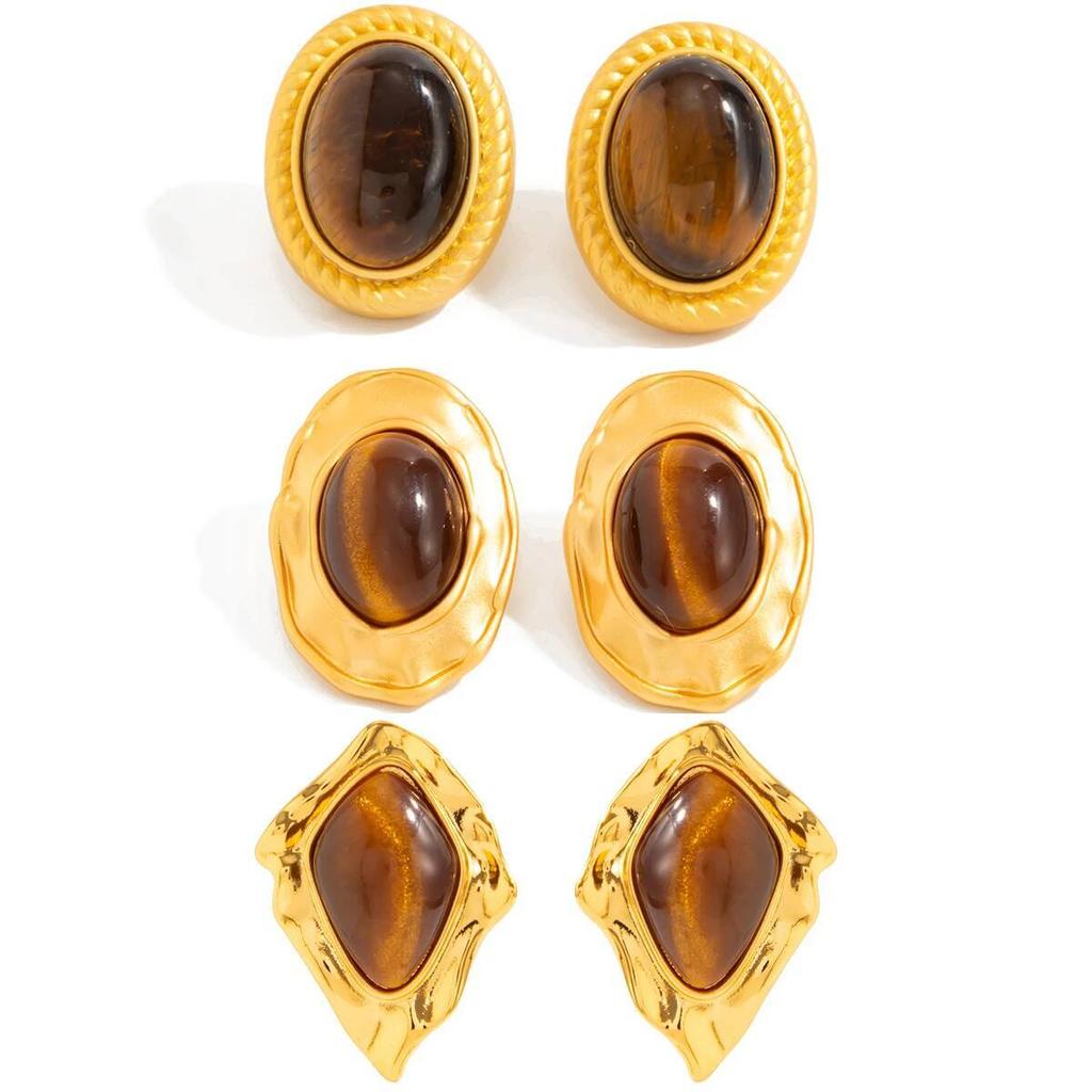 IngeSight.Z 3 Styles Vintage Brown Oval Resin Bead Stud Earrings Women Irregular Gold Color Metal Earring Banquet Party Jewelry