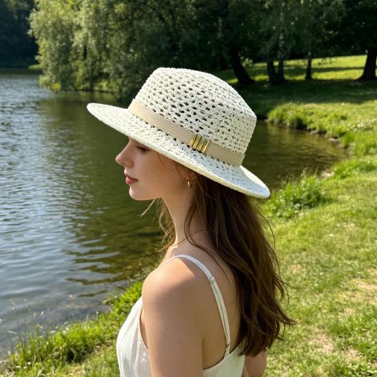 Platte Bovenkant Gebreide Strohoed, Imitatie Leer Riem Brede Rand Zonnehoed, Ademende Holle Weefsel Zomerhoed voor Buitenreizen