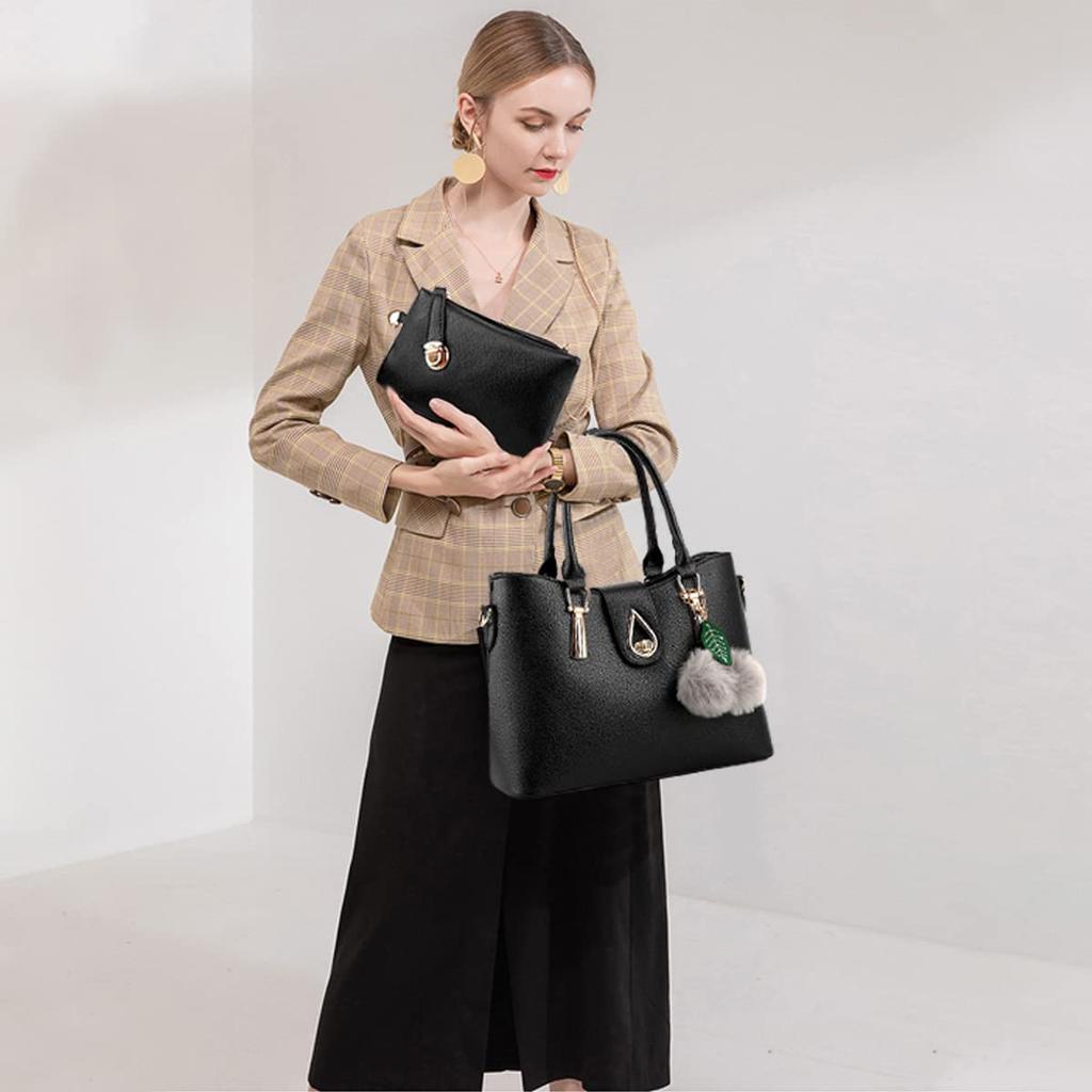 NICOLE & DORIS Women's Tote Bag and Handbag Set, Shoulder Bag, Crossbody Bag, Wallet, and Pompom Charm. Large Capacity, Stylish, Waterproof, PU