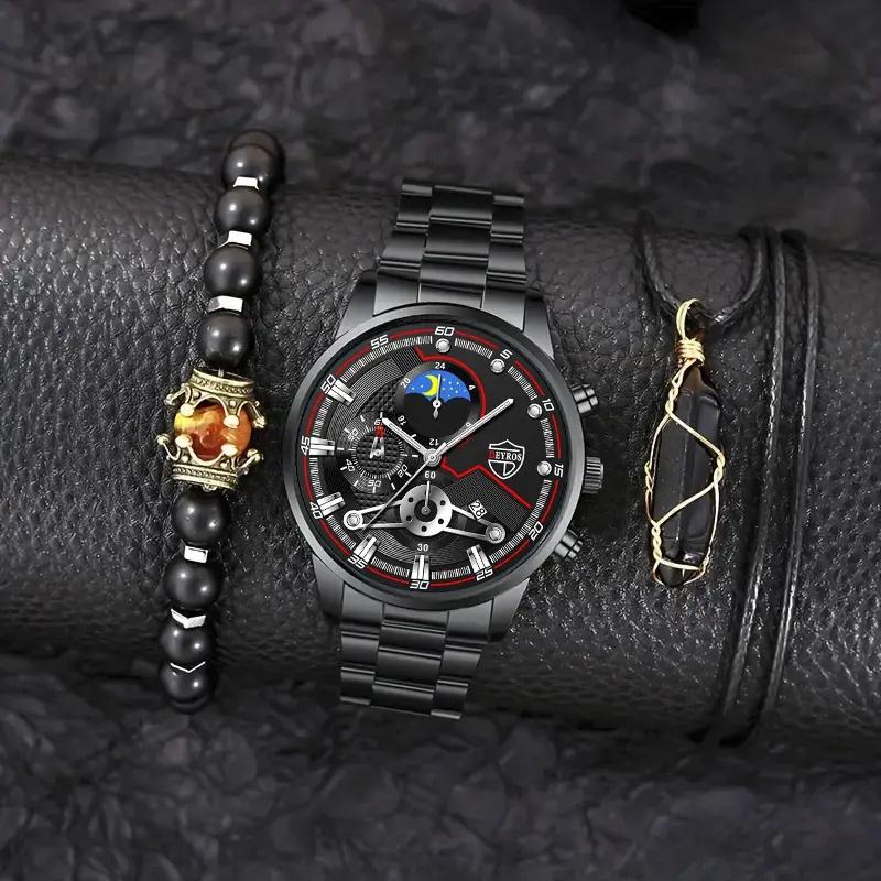 

3 шт./комплект модные мужские кварцевые часы с календарем, роскошные деловые наручные часы из нержавеющей стали, браслет и ожерелье