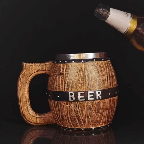 Stainless Steel Beer Mug  Wood Barrel Design Steins