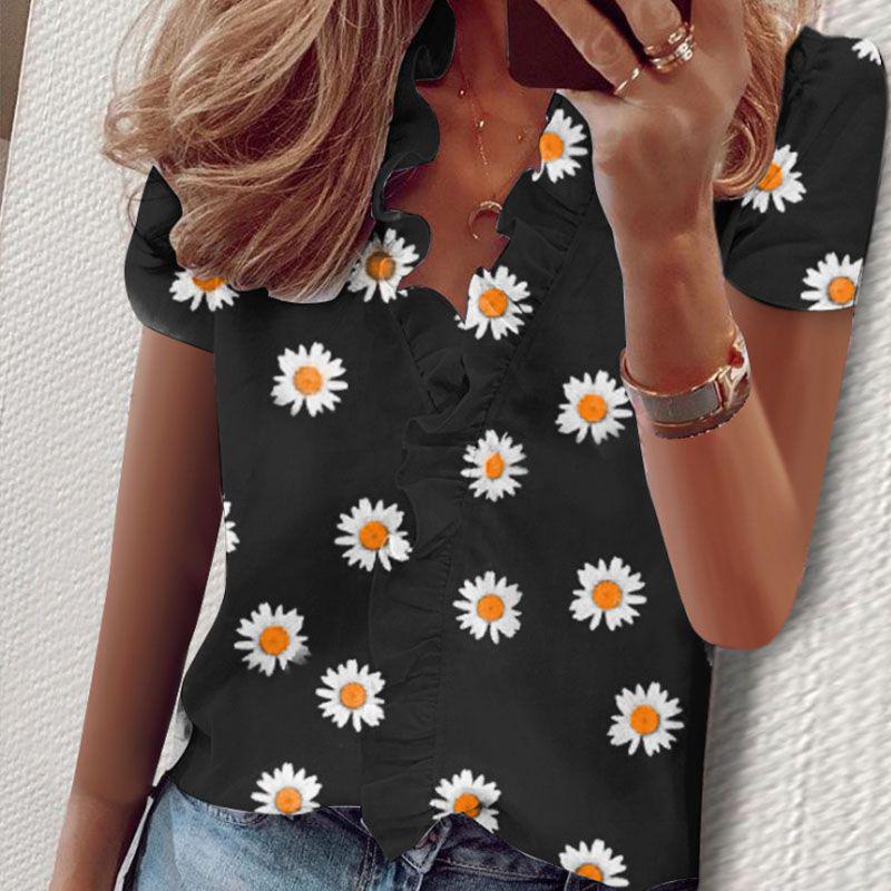 Stylish Women's V Neck Ruffle Short Sleeve T Shirt With Fashionable Daisy Print