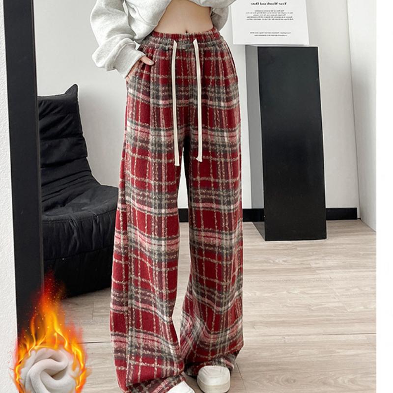 Plaid Pants for Autumn and Winter Plus Velvet Pants for Women Wearing Loose Draped Retro Casual Pants for Women High Waist Wide-leg Pants