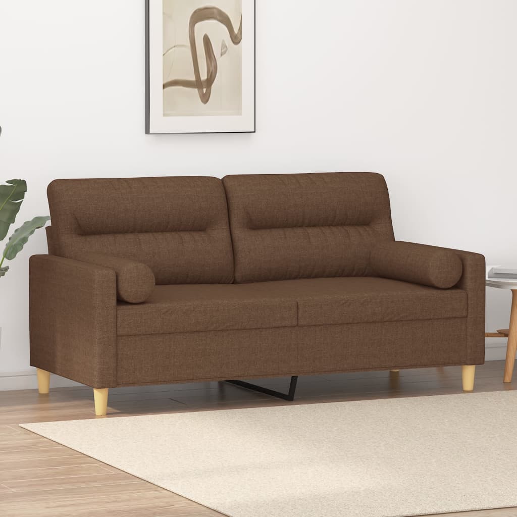 2 Seater Sofa with Decorative Cushions Brown 140 cm Fabric