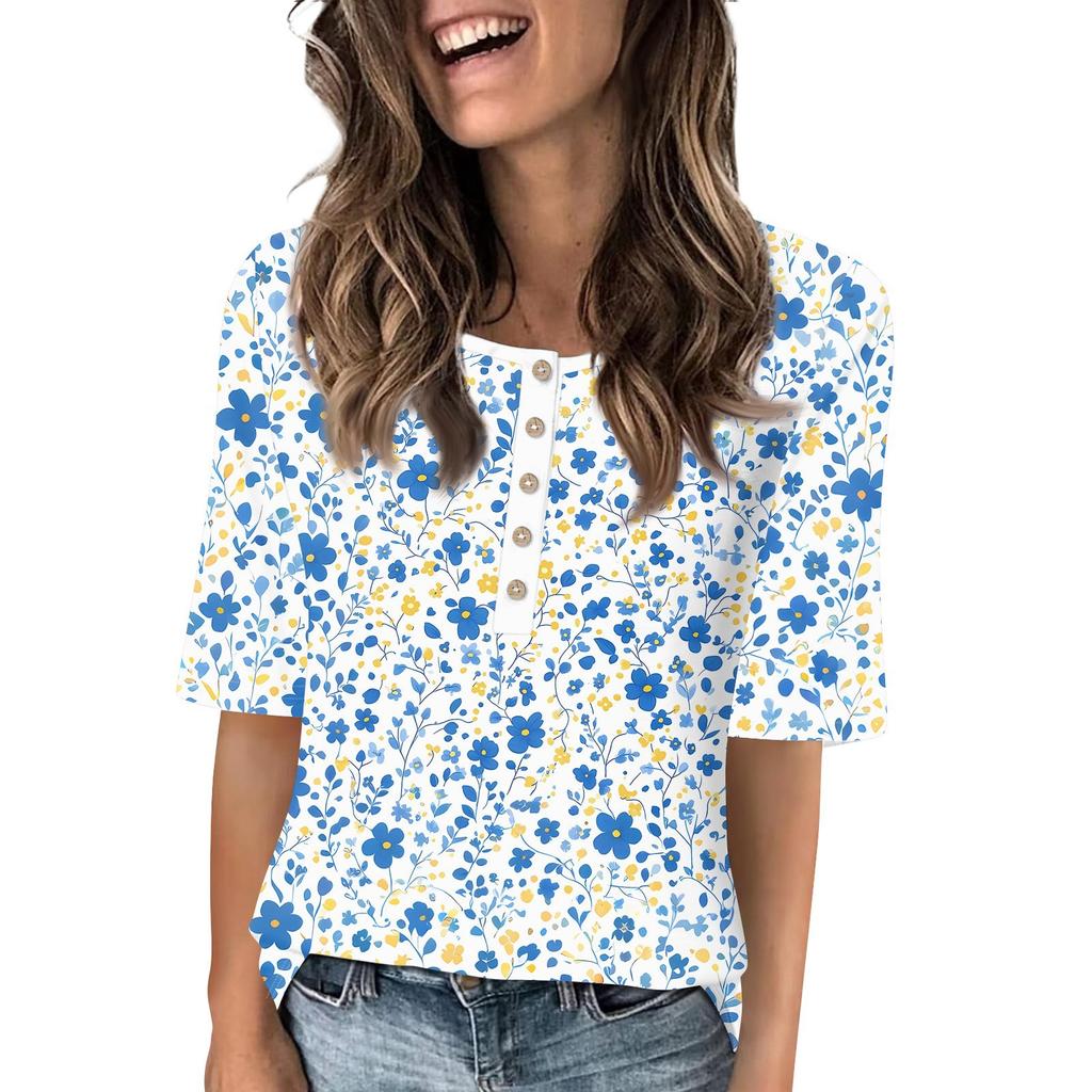Shirts For Women Trendy Round Neck Button T Shirts Printed  Blouse Half Sleeve Tops For Women