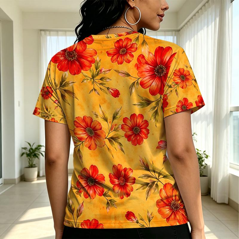 Women's Loose Fit Floral Short Sleeve T-Shirt - Simple Commute Style, Soft Round Neck, Casual & Versatile, Comfortable for Daily & Outdoor Wear