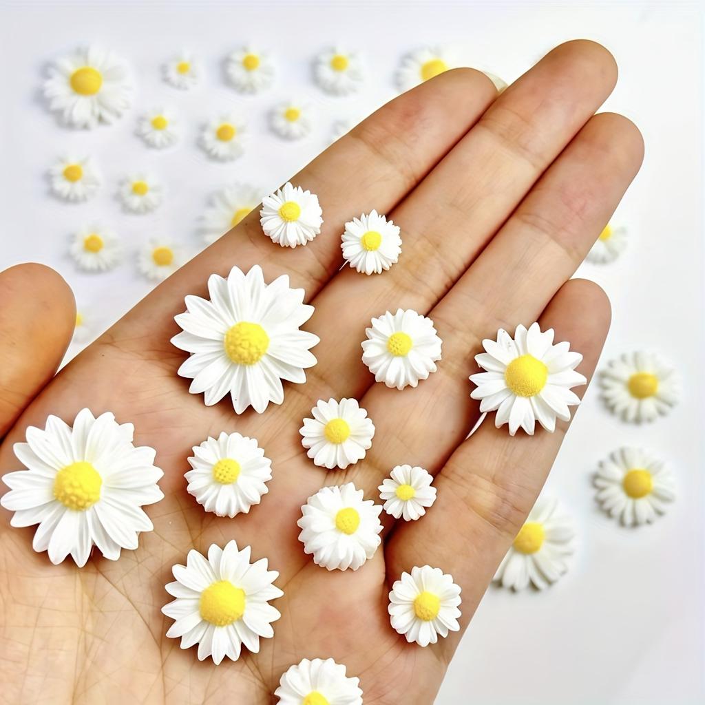 60pcs Realistic White Daisy Flowers with Yellow Centers - Flat-Bottom Floral Decorations, for DIY Crafts, Phone Cases, Nail Art