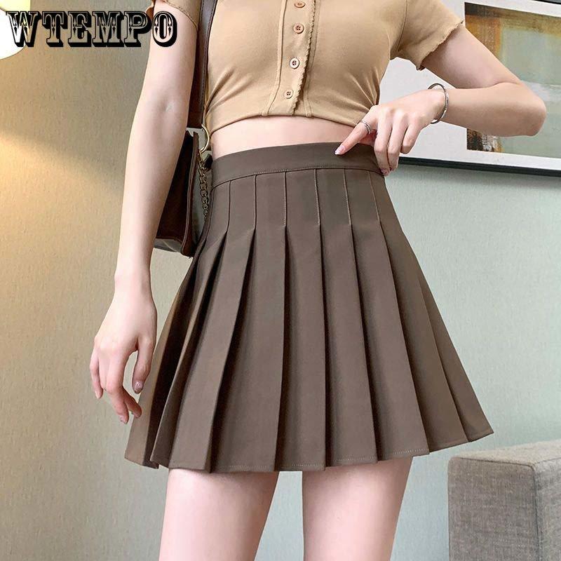 Pleated Skirt A-line High Waist Women Back Zipper Built-in Anti-light Safety Pants Slim Black Grey Hotswet Preppy Style Casual