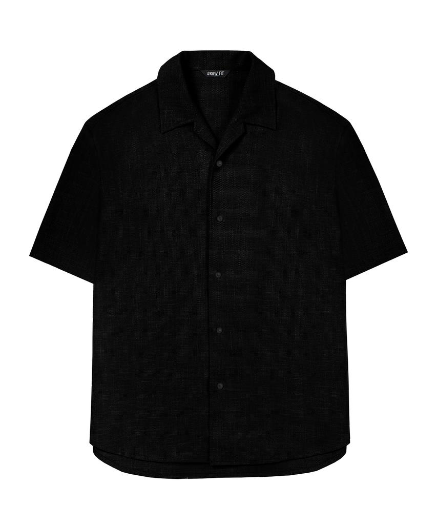 DRAW FIT Dwell Open Collar Waffle Shirt [Black]