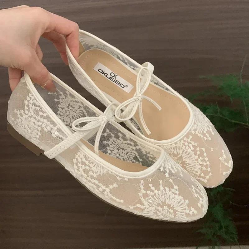 Fashion Mesh Ballet Flat Shoes Women Embroidery Soft Sole Bowknot Fashion Footwear Female Hollow Comfort Designer Brand Mary Jane Shoes