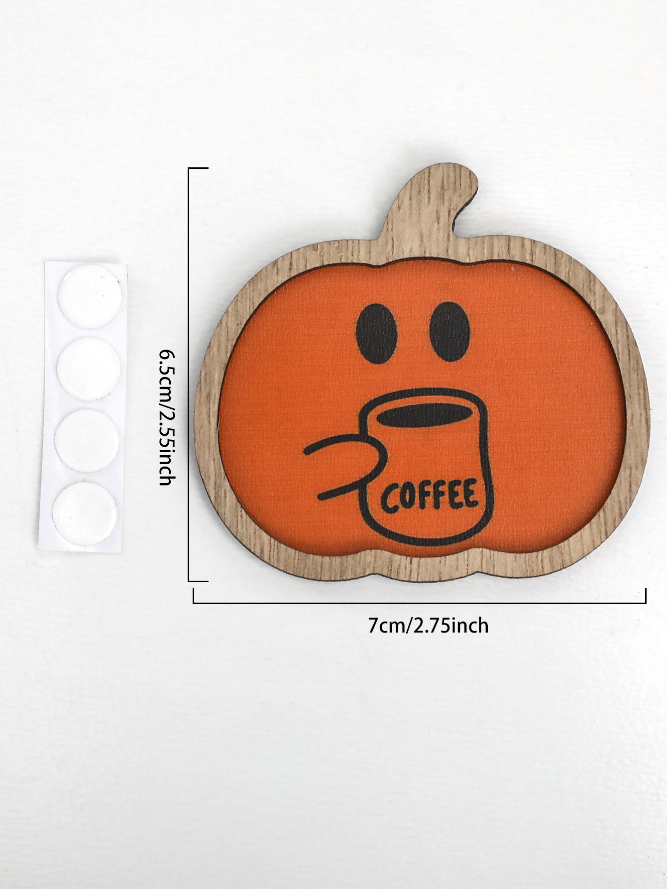 

Halloween Orange Pumpkin Shape Wooden Sticker Cute Pumpkin Holding Coffee Cup Design Kitchen Refrigerator & Coffee Machine Decor