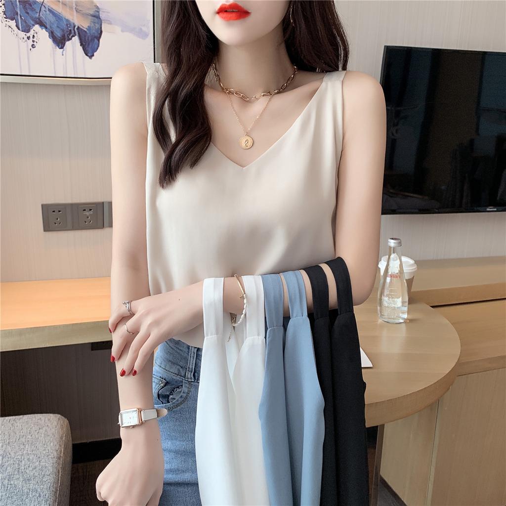 Chiffon Halter Vest Women's Summer V-neck Double-layer Loose Slimming Outside Wear with White Bottom Shirt Top