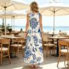 Urban Casual Floral Sleeveless Floor-Length Dress,Fresh Blue & White Lightweight Flowy,Stylish for Daily,Party,Travel
