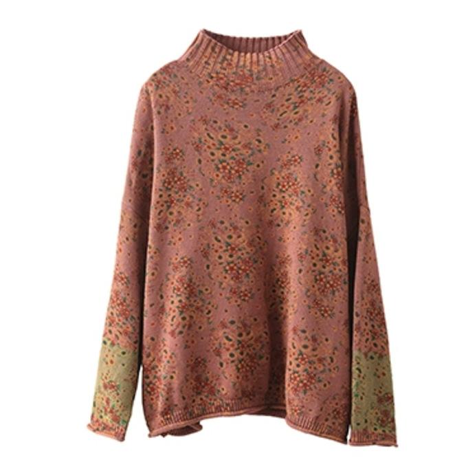 Damen-Pullover-Sweater mit Stehkragen Langarm im Patchwork-Blumendruck Frühling Strick-Damenpullover