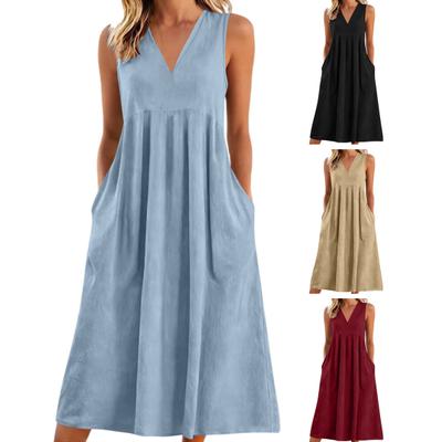 Women's Casual Linen Dress Summer Sleeveless V Neck Sundress Flowy A-line Tank Midi Dress with Pocket