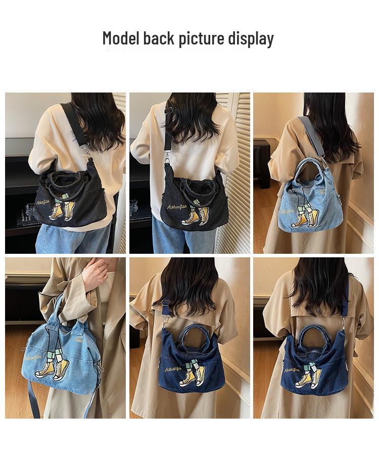 Korean Style Color Block Embroidery Denim Bag - Versatile Large Capacity Shoulder & Crossbody Bag