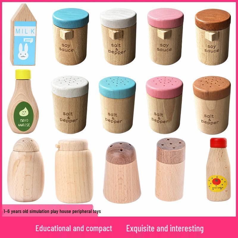 

Toddler Pretend Play Kitchen Set: Wooden Pepper, Seasoning, & Soy Sauce Bottles