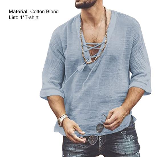 V-Neck Solid Color Men Shirt Lightweight Front Lace Up Half Sleeve T-shirt Male Clothing