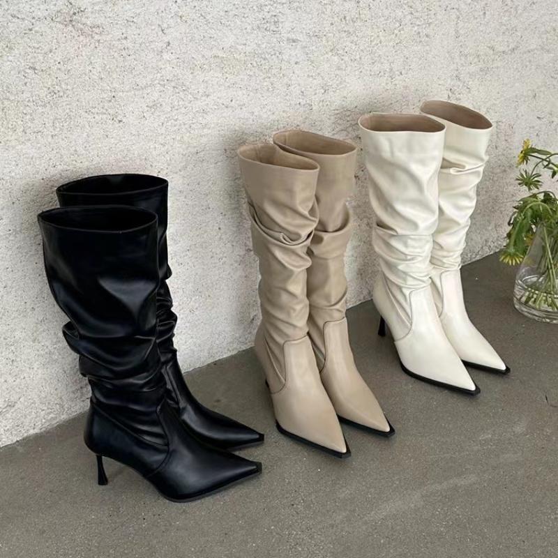 Women Pointy Pleated Western Cowboy Boots New Fashion Slip-On Long Pipe Boots Female Sexy Thin High Heel Trend Knee High Botas