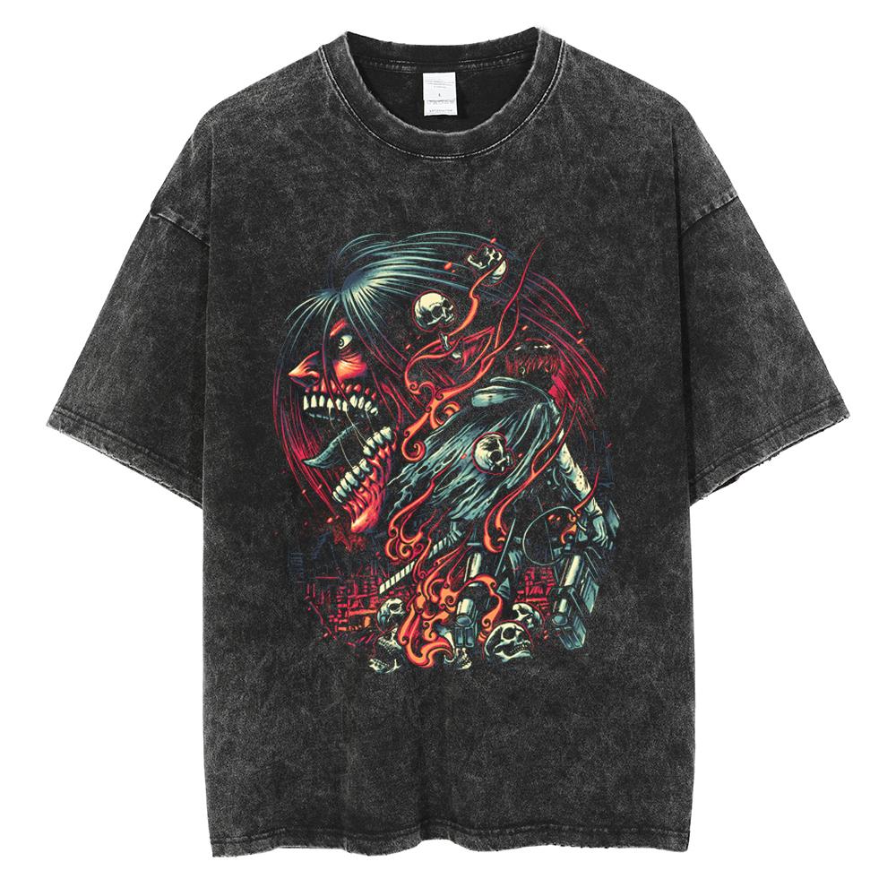 Eren Jager Attack on Titan Summer Streetwear Washed T-Shirt Anime Graphic Print TShirt Men Harajuku Cotton Oversize Vintage Tee