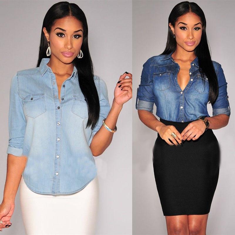 Womens Denim Jeans Shirt Tops Long Sleeve Button Jacket Plus Sizes