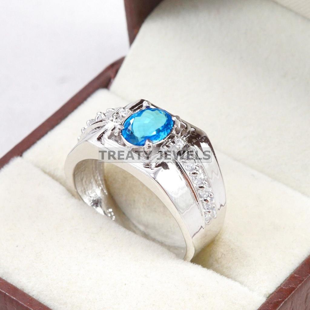 Blue Topaz Oval Cut Gemstone With 925 Sterling Silver Ring For Men's #A895 JL375669057802