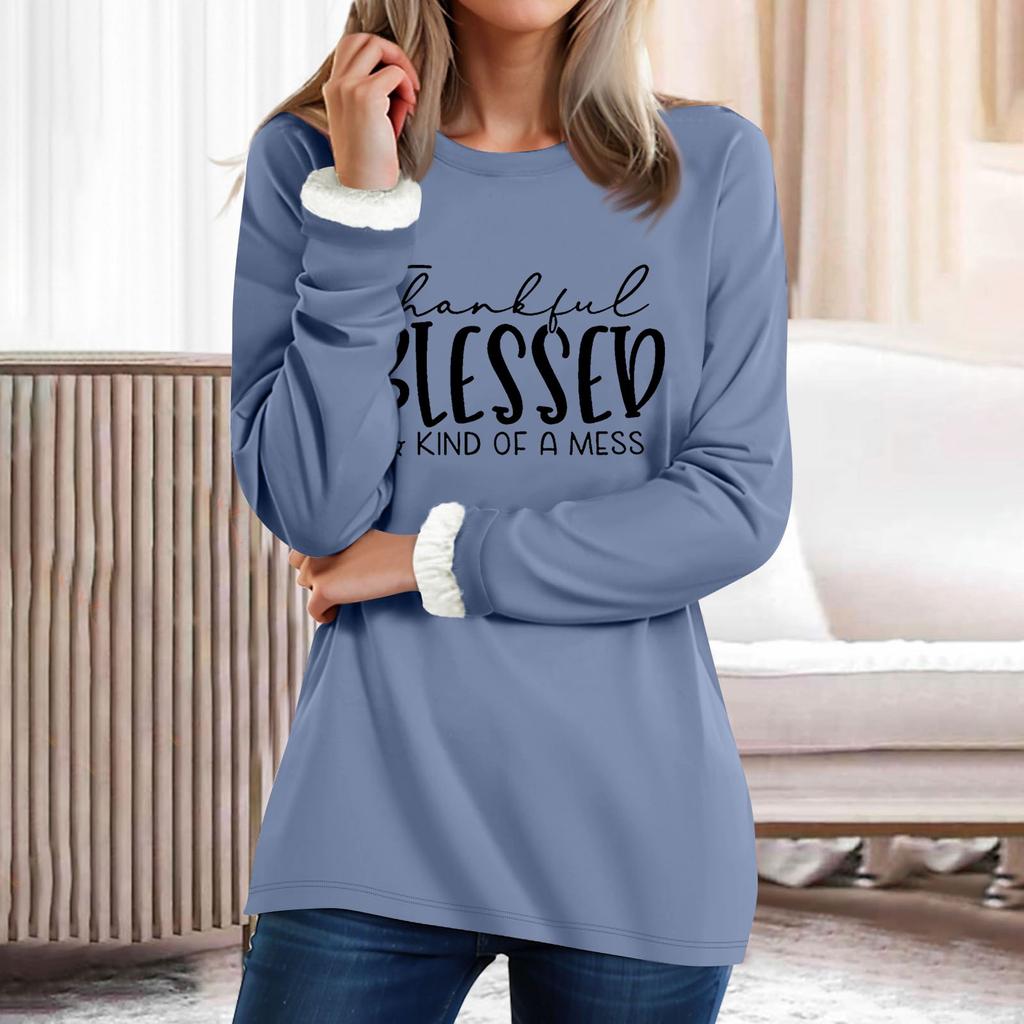 Kadın Yuvarlak Yaka Üst Harf Baskılı Kalınlaştırılmış Peluş Kaşmir Sıcak Uzun Üst