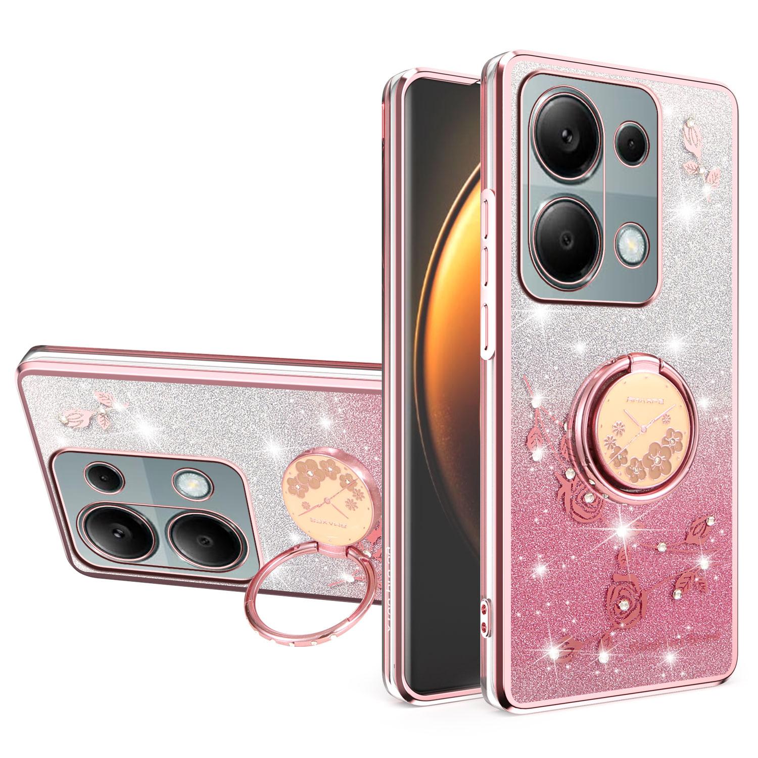 

KADEM For Xiaomi Redmi Note 13 Pro 4G/Note 14S 4G/Poco M6 Pro 4G Case Ring Kickstand TPU Flowers Phone Cover Gradient Glitter Rose Gold