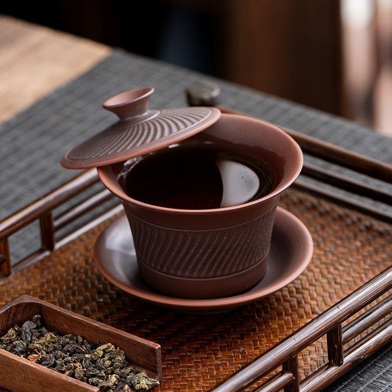 Purple Pottery knifeSancai Cover Bowl All Handmade Kung Fu Teacup Tea Bowl Household Purple Sand Large Single Brewing Teapot