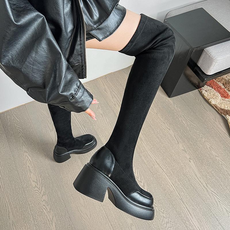 

Ботфорты для полных ног, большой обхват голенища, эластичные, на небольшой толстой подошве, высокие ботинки осень-зима, женские сапоги расширенные, новые модели 2025 34 чёрный