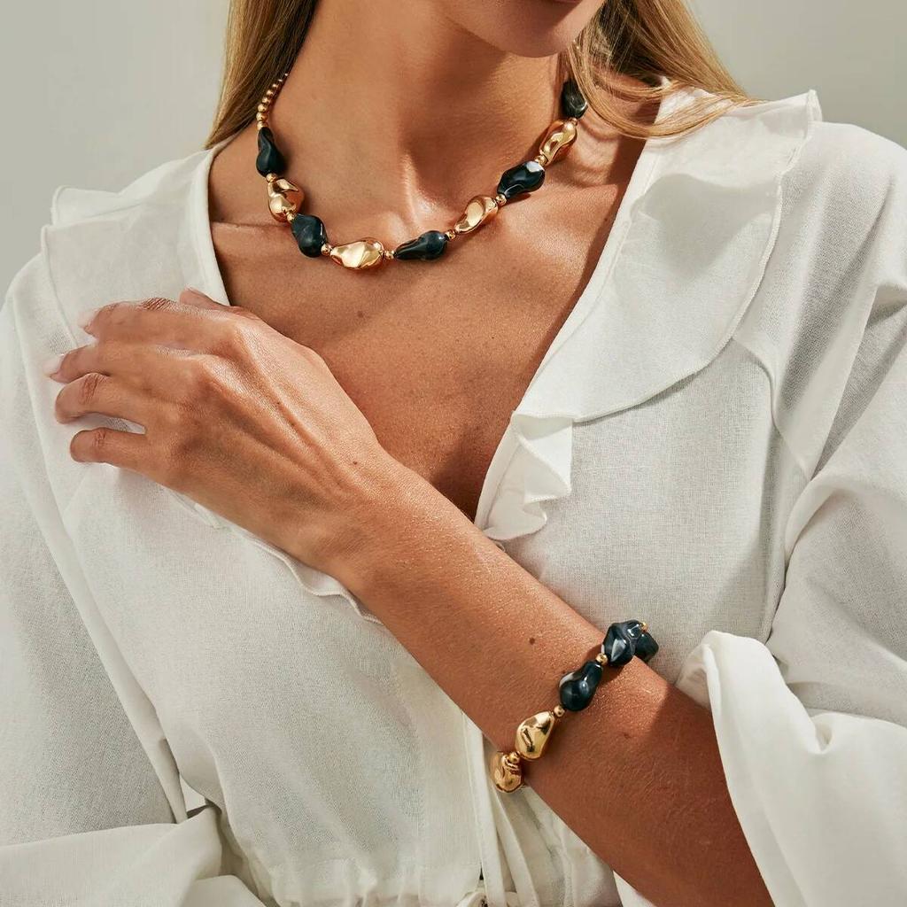 Salircon 7 Colors Boho Resin Acrylic Bead Choker Necklace Bracelet Set Women Vintage Elegant Banquet Party Bangles Jewelry Gifts