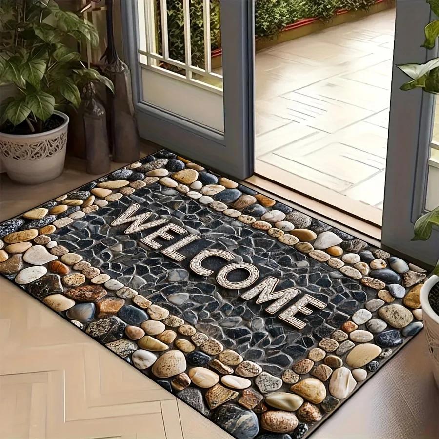 Pebble Pattern Welcome Door Mat Natural Style Rug Non Slip Absorbent Entrance Mat Home Decor Durable Indoor Outdoor Floor Mat