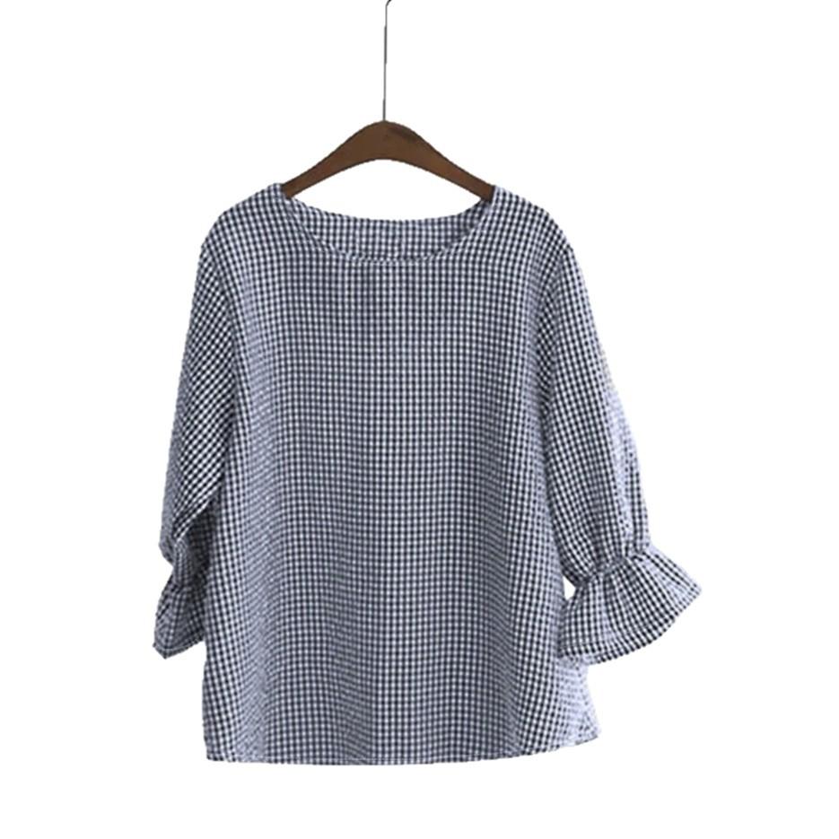 European and American small plaid round neck commuter shirt, small fresh literary and artistic style seven-quarter sleeve versatile commuter top