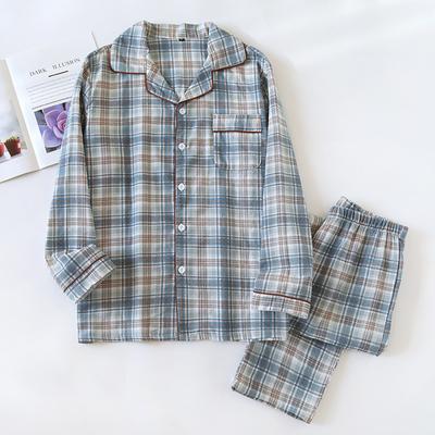 New Men's Pajama Set Spring and Summer Plaid Simple Long-sleeved Two-piece Set 100% Cotton Cardigan Home