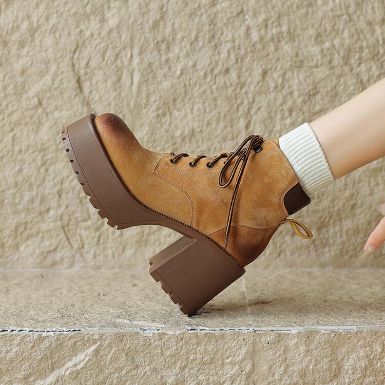 Móda Nové Zimní Semišové Dámské Boty Kulatá Špička Kotníkové Boty pro Ženy Vysoké Podpatky Zimní Boty Dámské Boty na Platformě Dámské Boty