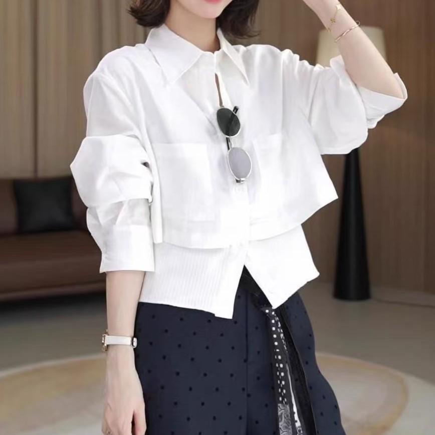 

Модная приталенная рубашка с ложным двухслойным кроем и пэчворк-низом (Модель 2025 г.) - Белый/Черный с биркой XL (60-70 kg) белый