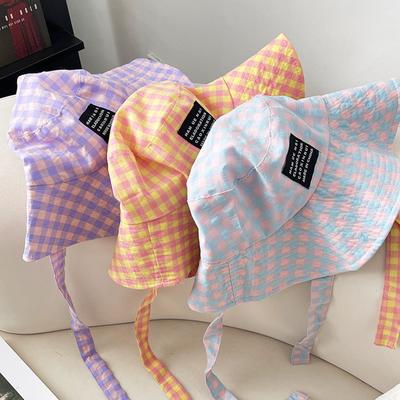 Outdoor Trendy Grids Fisherman Hats with Strap Breathable Summer Sun Protection Bucket Hats for Home Office Travel Hiking