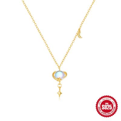 Wind Commuter Simple Wear S925 Sterling Silver Planet Star Moon Element Moonstone Necklace Collarbone Chain