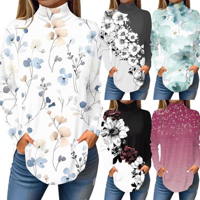 Camiseta de manga larga con cuello alto y estampado informal de moda para mujer