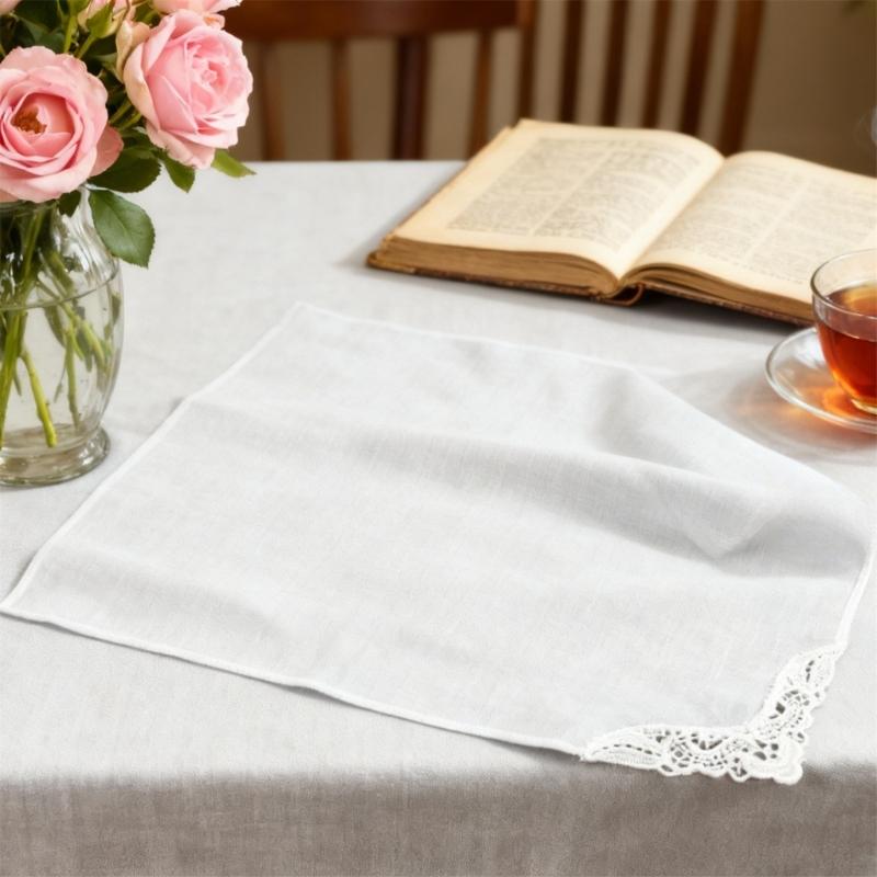 2Pcs French Lace Cotton Ladies Handkerchief with Lace Edge Handkerchiefs Breathable Ladies Hankies for Outdoor Commuting