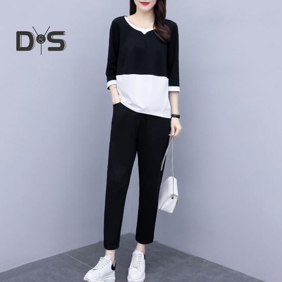 2 ks/sada Dámské tričko Kalhoty Set Sportovní oblečení Colorblock Top s kulatým výstřihem Poloviční rukáv Top Elastický pas Dlouhé Kalhoty Běžné kalhoty Top na dojíždění