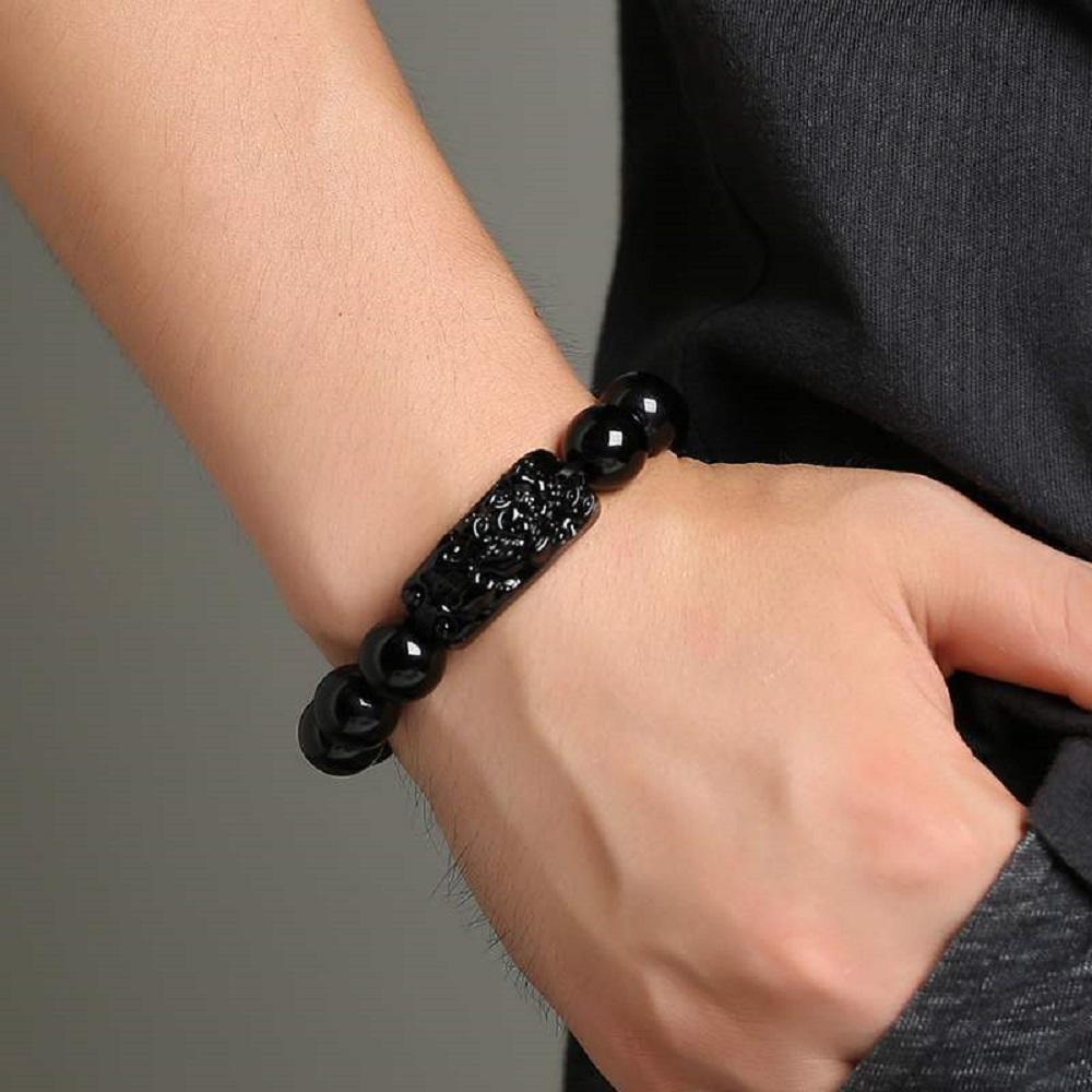 Unisex Men Pixiu Attract Wealth Feng Shui Wristband Good Luck Bangle Obsidian Stone Beads Bracelets
