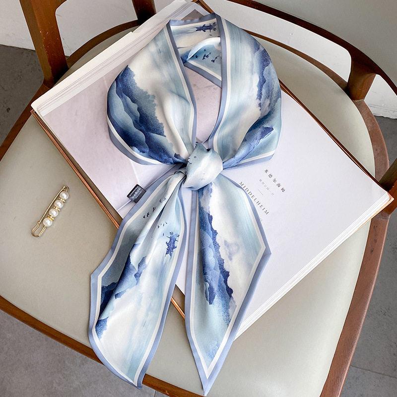 Blue oil painting neck small long silk scarf women's spring and summer shirt high-end scarf new bag headband