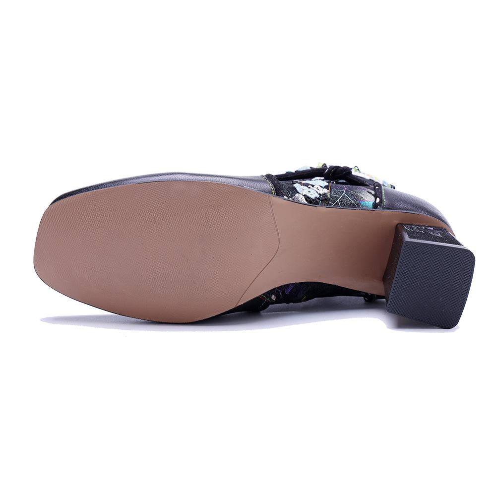 Johnature Genuine Leather Short Boots Handmade Retro Lace Square Toed Thick Heel Women's Boots