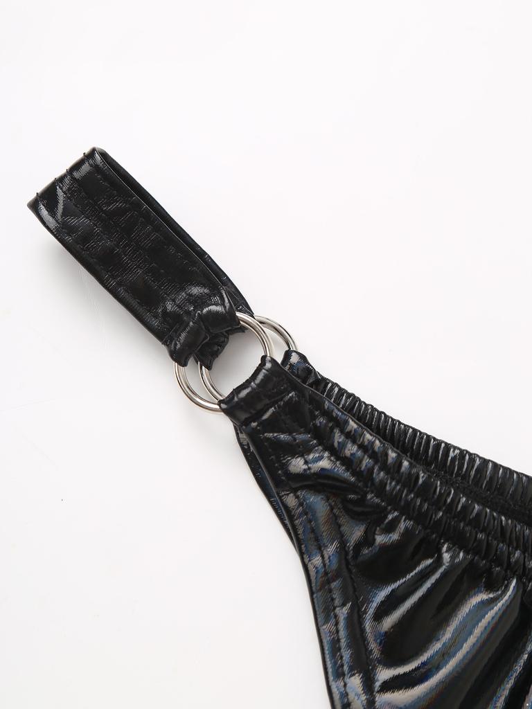 Womens Patent Leather Thong Underwear Elastic Waist O Ring Design Solid Color Glossy Briefs Nightclub Panties