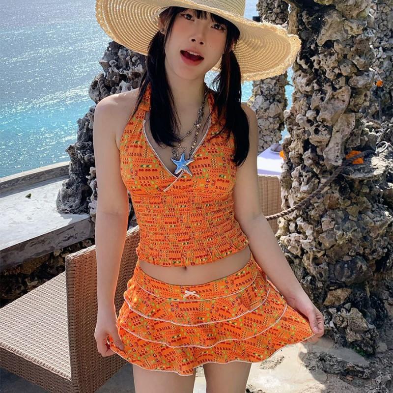 

Pure Desire Style Young Girl s Sense Of Fruit Feast Split Skirt Conservative Swimming Suit Women s Flesh Cover Show Slimming Hot Vacation M оранжевый